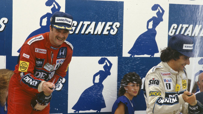 Nigel Mansell celebrating winning the Constructors' championship marking the beginning of a golden era.