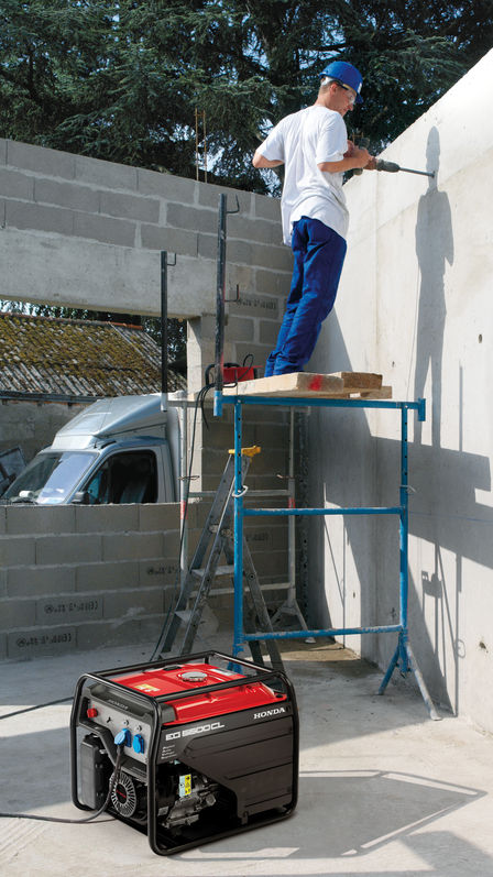 honda endurance high-performance power generator on a construction site with a worker in a background. 