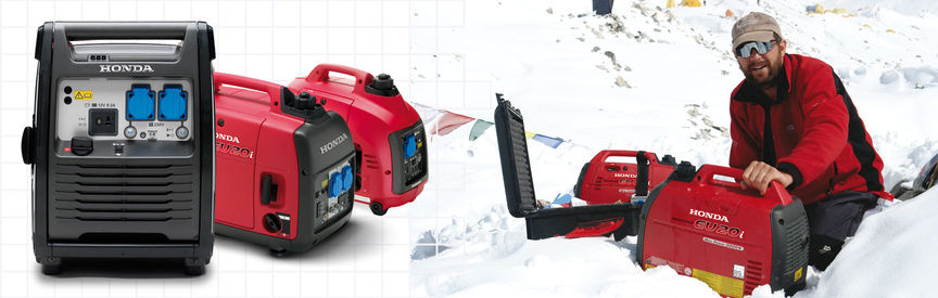 set of different honda inverter power generators used by a man in winter landscape