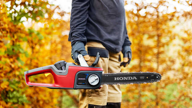 Man holding a Cordless Chainsaw in a forest location.