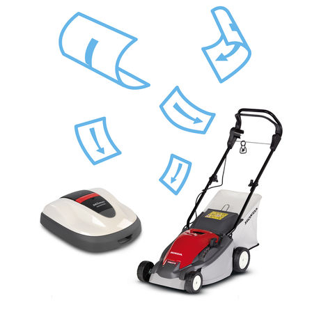 Left: Miimo Right: front-threequarter, left facing lawnmower, brochure illiustration.