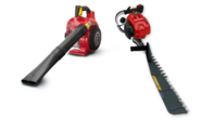 Two handheld products, one leafblower and one hedgetrimmer, side by side.