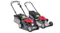 2x Honda lawnmowers, front three quarter, right facing.