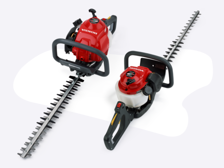 Two hedgetrimmers side by side, one shown from the front side on, one shown from the rear side on.