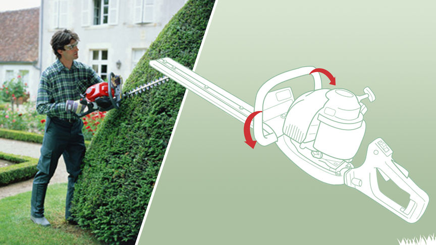 Left: Honda Hedgretimmers, being used by model, garden location. Right: Diagram of handles and controls.