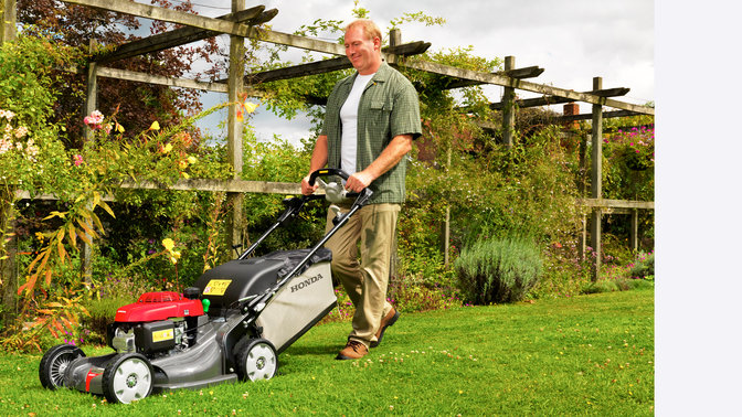 Honda HRX lawnmowers, side view, left facing, garden location.
