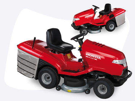 Two ride-on mowers, over shown from the right, one shown from the left.