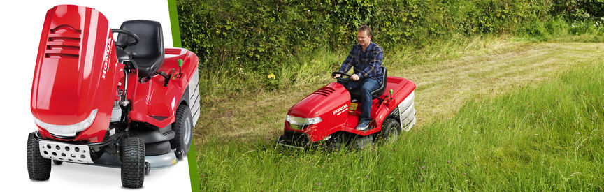 honda lawn tractor in studio space and photo of man mowing overgrown field sat on lawn tractor