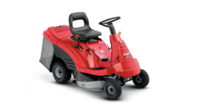 Ride-on mower, front three-quarter, right facing.