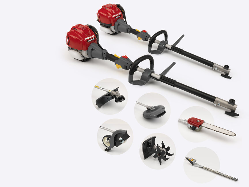 Top: the two available Versatool models, right facing. Bottom: Six cut-out images of Versatool attachments.