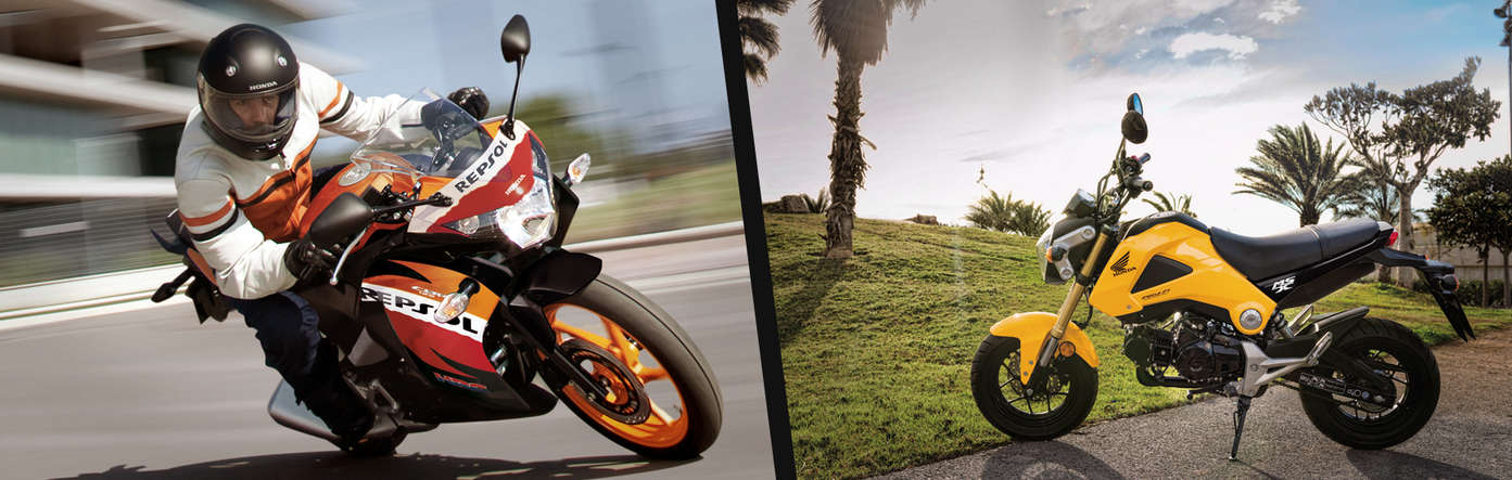 Split image showing a 3-quarter view of the Honda CBR125R with rider leaning into a bend on road location to the left, and the side view of a parked Honda msx125 on park location to the right.
