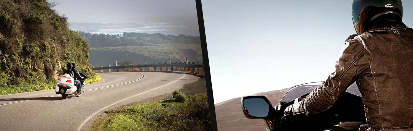Split image showing a Honda Gold Wing on road location to the left, and a close up of a rider to the right. 