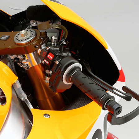 Close up of MotoGP Honda Super Sport bike controls.