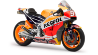 Side facing Honda motorcycle with Repsol livery.