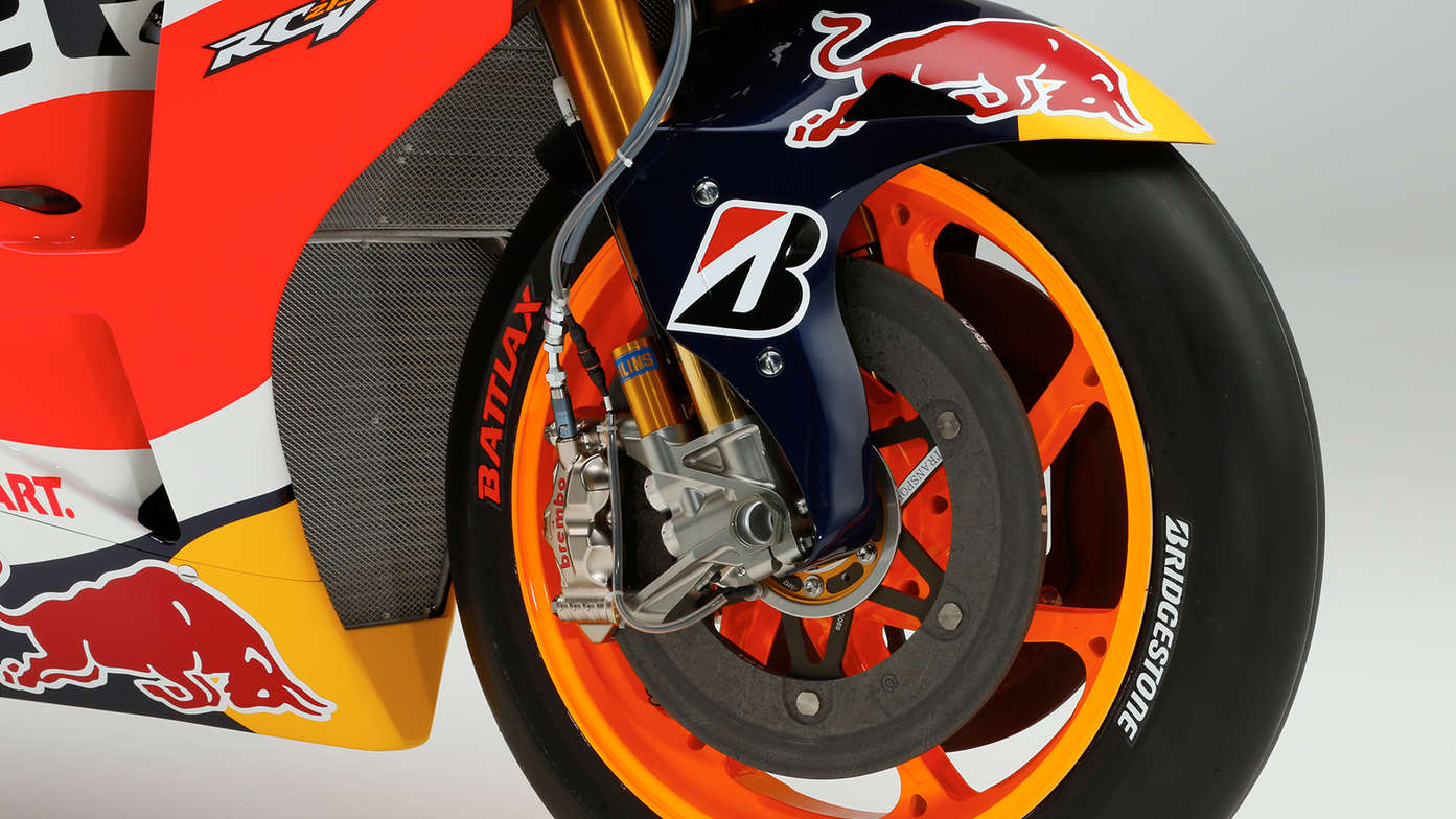 Close up of Honda motorcycle disc brakes.