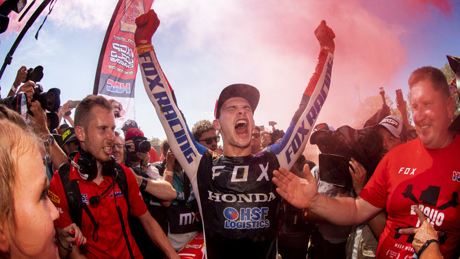Honda MXGP rider celebrating a victory.