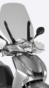 Front on close-up of SH125i, focusing on headlight, windscreen and indicators.