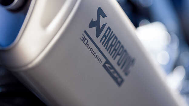 Close up of Honda CBR1000RR-R Fireblade engraved Akrapovic muffler