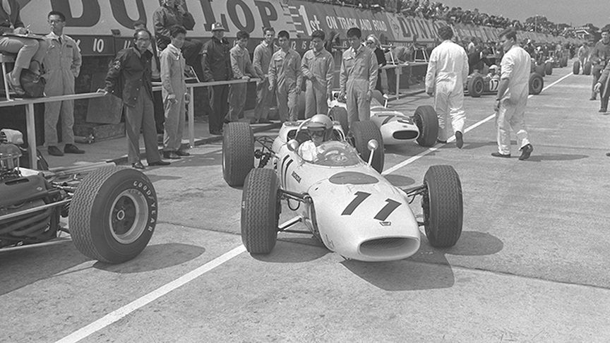 black and white shot of early F1 car