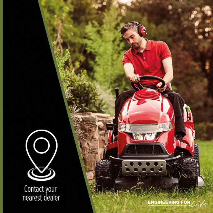 Contact a dealer and man riding Honda tractor on grass