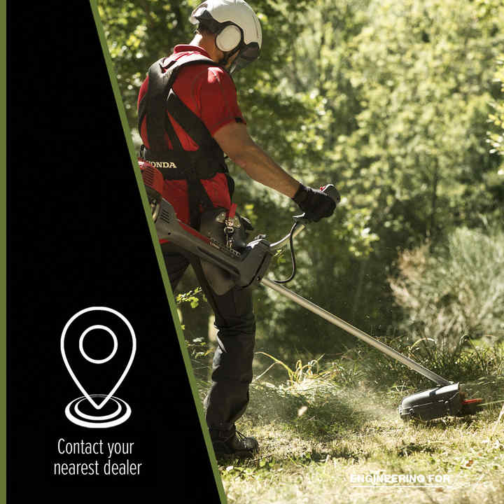Contact a dealer and man using petrol brushcutter on grass