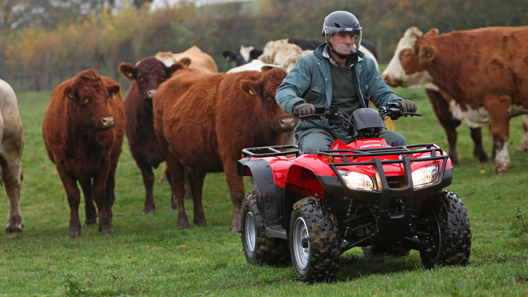 Front facing Fourtrax 250, being used by model, field location.