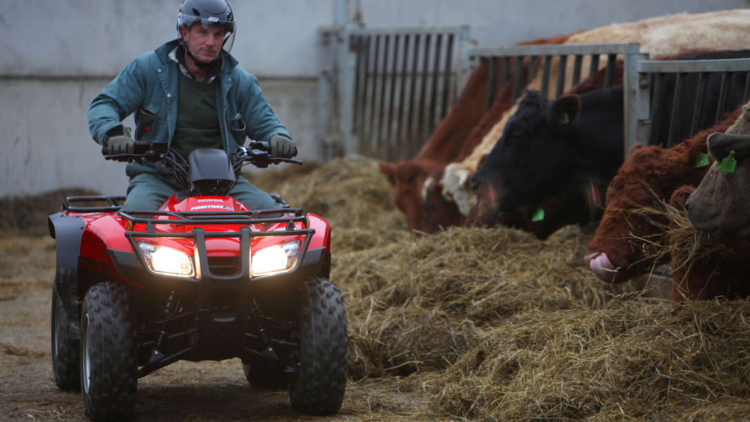 Front facing Fourtrax 250, being used by model, farm location.