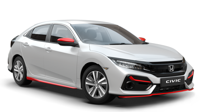 Front Three Quarters Platinum White Honda Civic 5 Door SE with red line