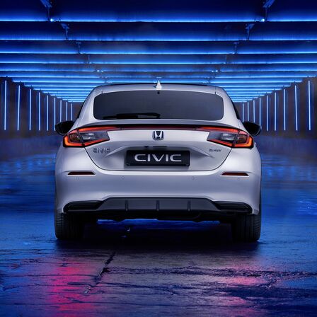 Rear view of the Honda Civic e:HEV hatchback.
