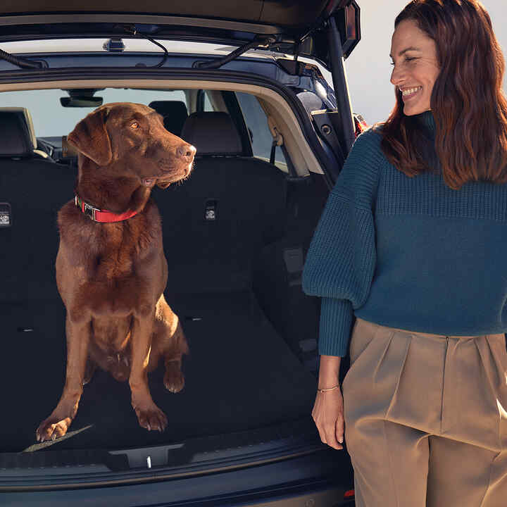 Rear facing Honda CR-V Hybrid with dog and model sitting inside the boot.