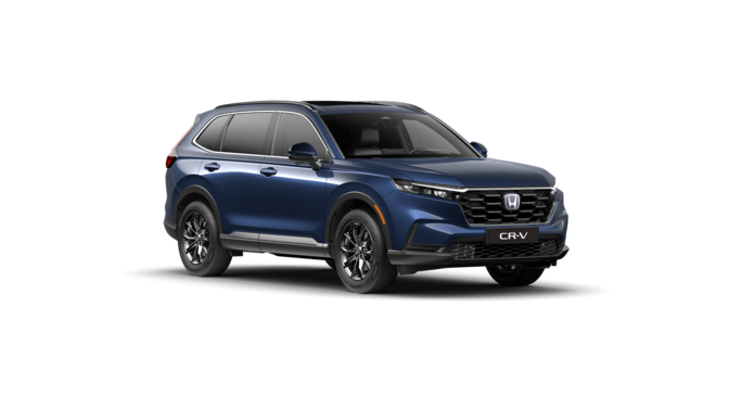 Front three-quarter facing Honda blue CR-V Hybrid SUV in studio location.