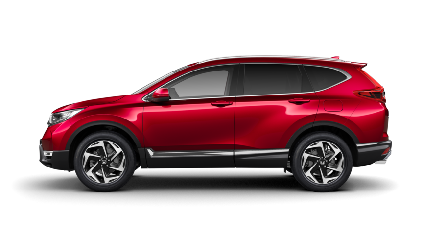 Side facing Honda CR-V in Premium Crystal Red Metallic.