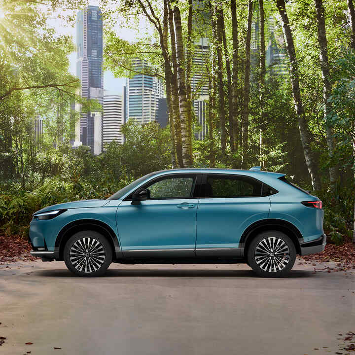 Side facing Honda e:Ny1 in a forest location with a lookout to the city.