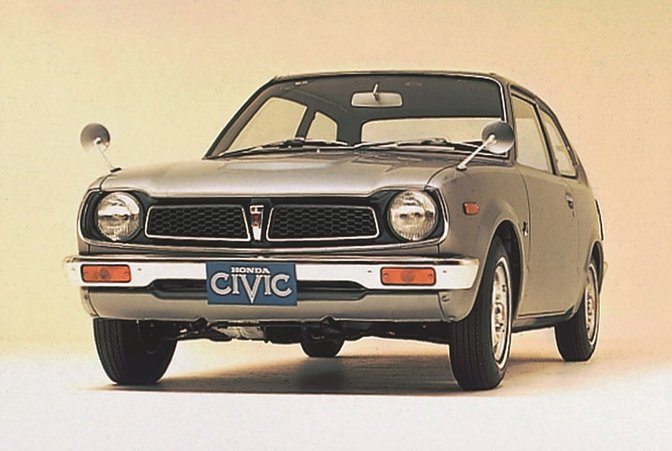 The first Honda Civic, front three-quarter facing.