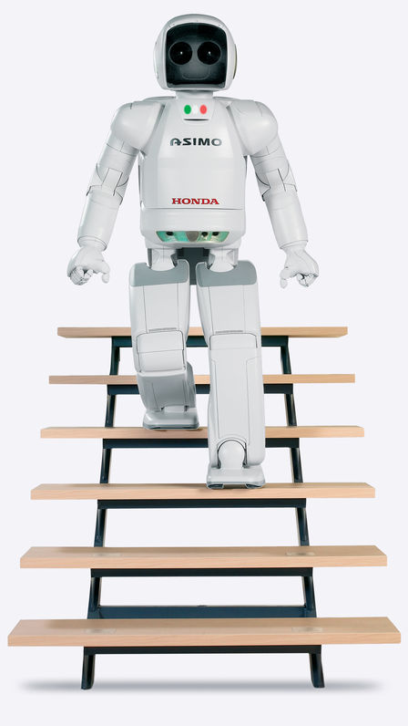 Front facing ASIMO walking down some steps.