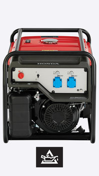 front view of petrol powered open frame generator with controls and oil alert icon.