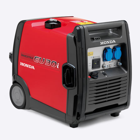 Honda EU 10i generator, front three quarters view.