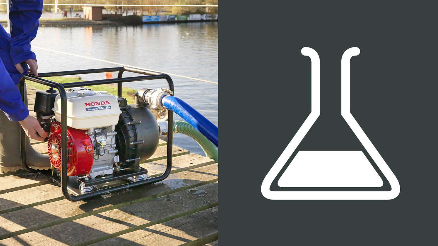 Framed Honda commercial water pump being used outdoors and an icon for chemical substances.