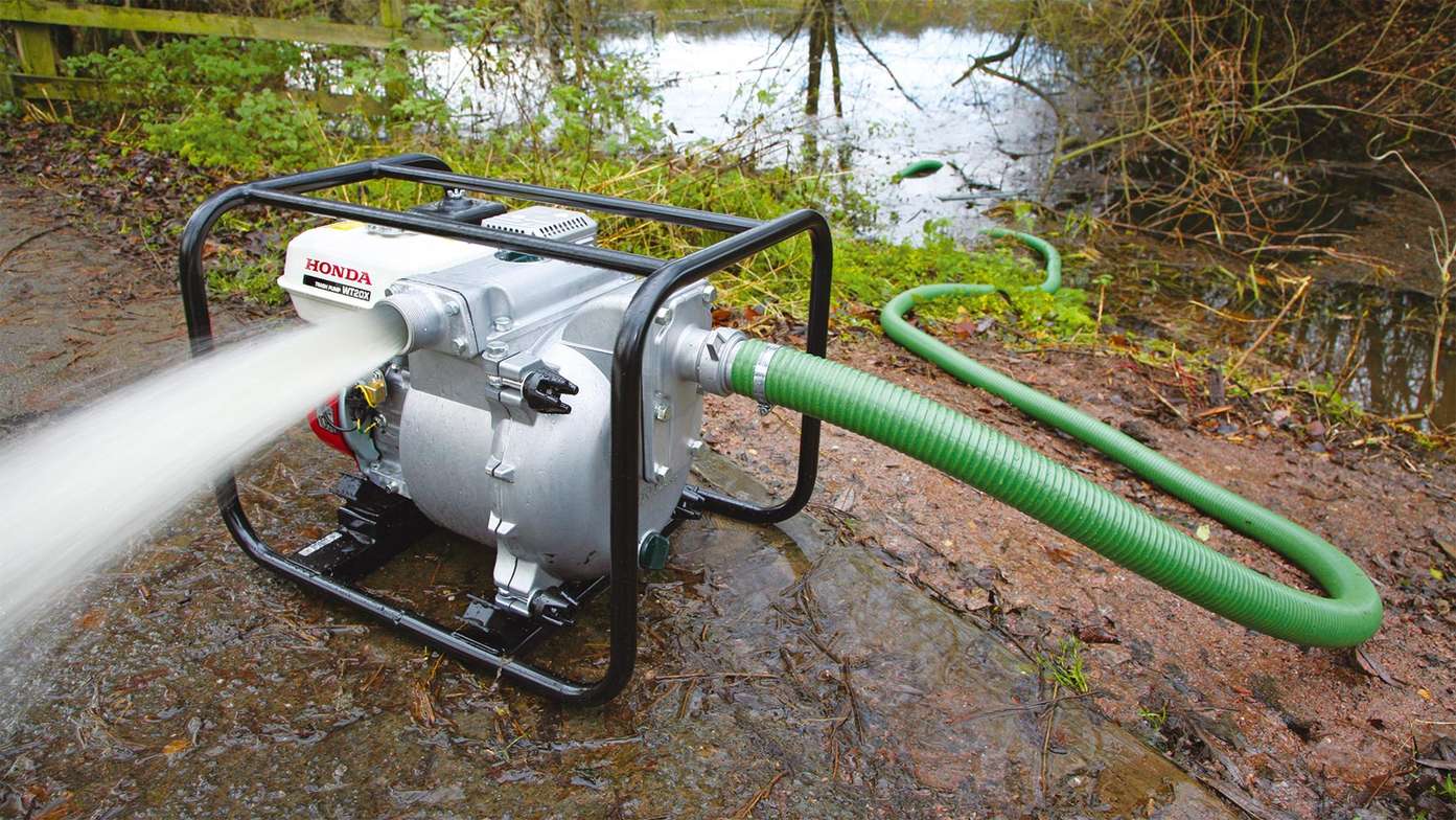 Close up of high flow rate/trash water pump in use.