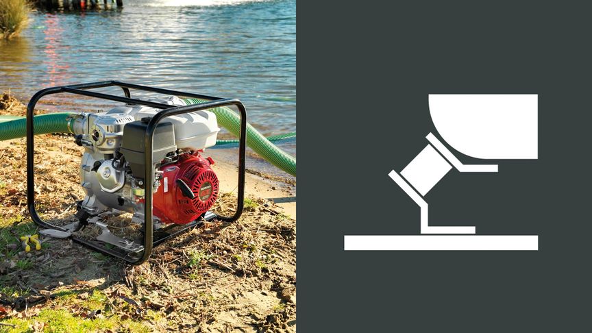 High flow rate trash pump outdoors and Anti-Vibration system icon.