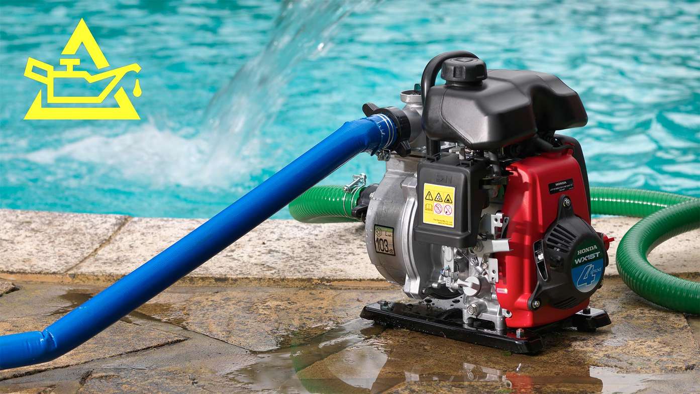 Lightweight water pump standing by a water tank and Oil Alert technology icon.