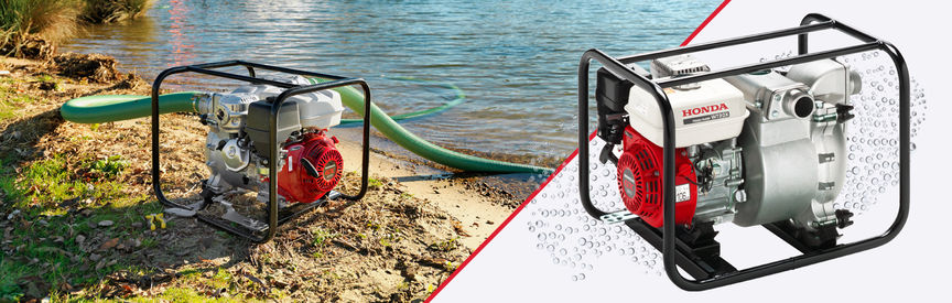Thumbnail of high flow rate/trash pump and picture of it standing by the lake.
