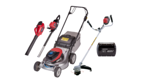 Two handheld products, one leafblower and one hedgetrimmer, side by side.