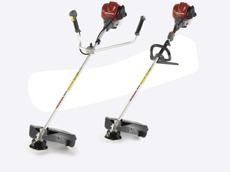 Two brushcutters side by side, shown from the front side on.