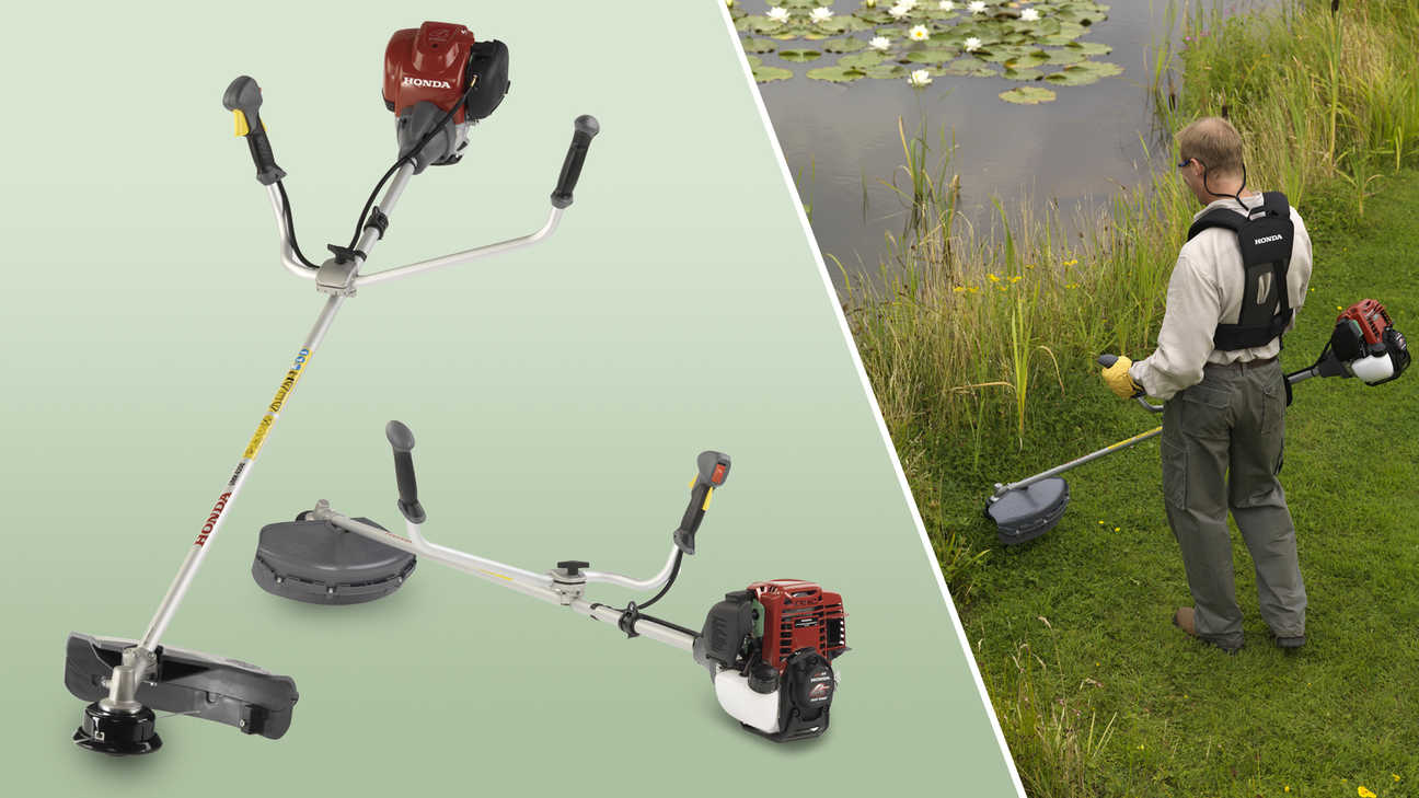 Left: 2x Honda Brushcutters Right: Brushcutter being used by model, garden location.