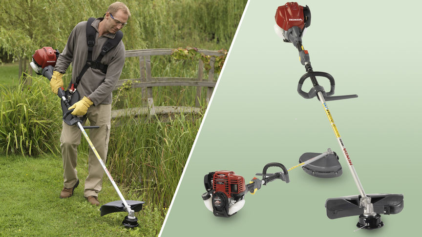 Left: Brushcutter being used by model. Right: 2x Honda Brushcutters.