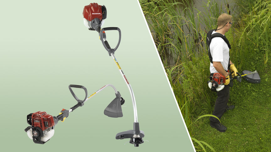 Left: 2x Honda Brushcutters. Right: Brushcutter being used by model, garden location.