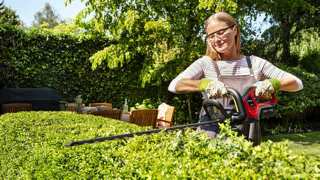 Woman trimming hedge with Honda Cordless Hedgetrimmer in a garden location.