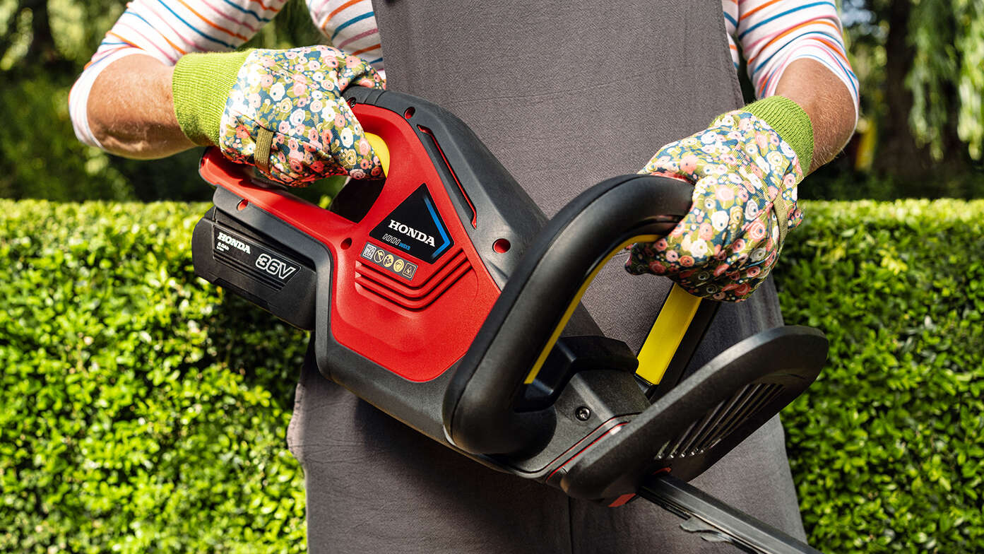 Model holding Honda Cordless Hedgetrimmer by handle in garden location.