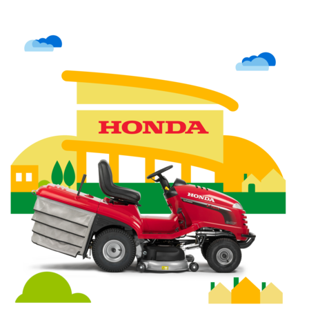Side facing ride-on mower with dealer illustration.